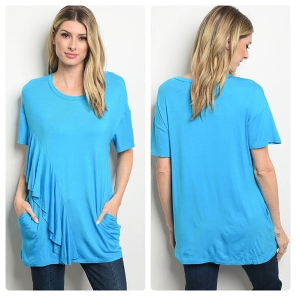 A Girl Thing Tops - 3/$15 Cerulean Blue Ruffled Blouse with Pockets